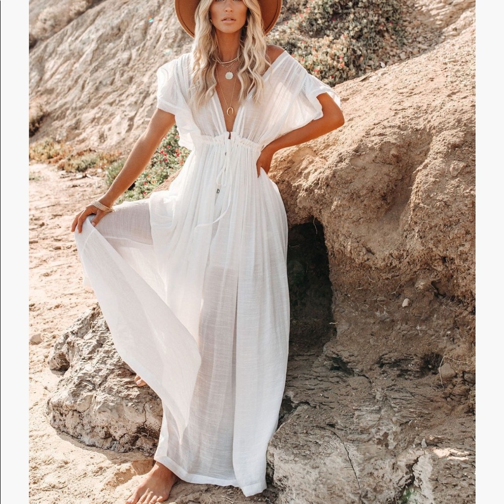 Boho long maxi beach cover up ruffle-white - Picture 4 of 8